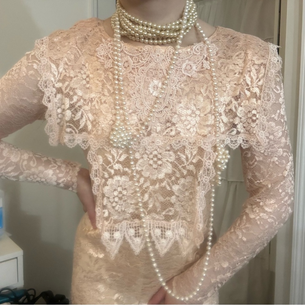 LACE SHEER DRESS BEIGE VINTAGE RUFFLE 80s 90s EDWARDIAN VICTORIAN